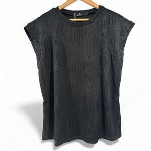 Wavy pattern blouse capped sleeve large Black Top NEW stretch